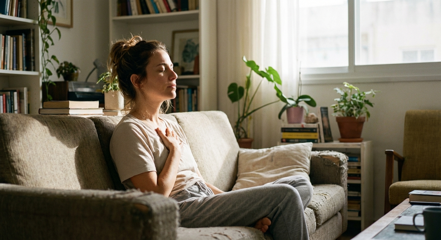 אישה יושבת על ספה בבית, עיניים עצומות, יד על החזה, נשימה מודעת, אור בוקר רך נכנס מהחלון