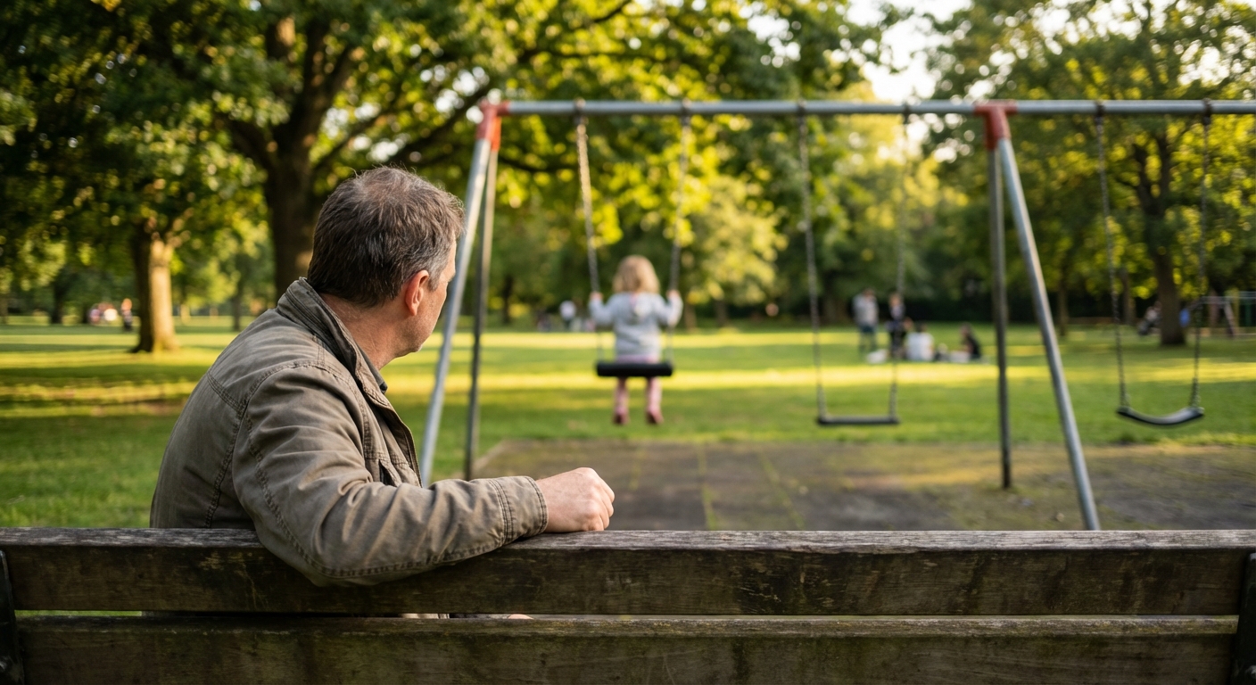 הורה יושב על ספסל בגן משחקים ומביט בילד שמשחק, ידיים אוחזות בספסל בדריכות עדינה, אור שקיעה חם