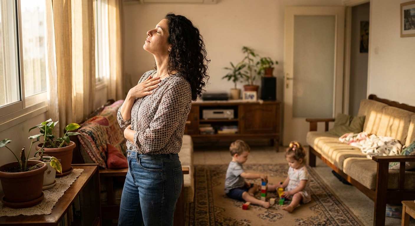 אמא ישראלית נושמת עמוק בסלון ביתי, ילדים ברקע, רגע של עצירה לפני תגובה