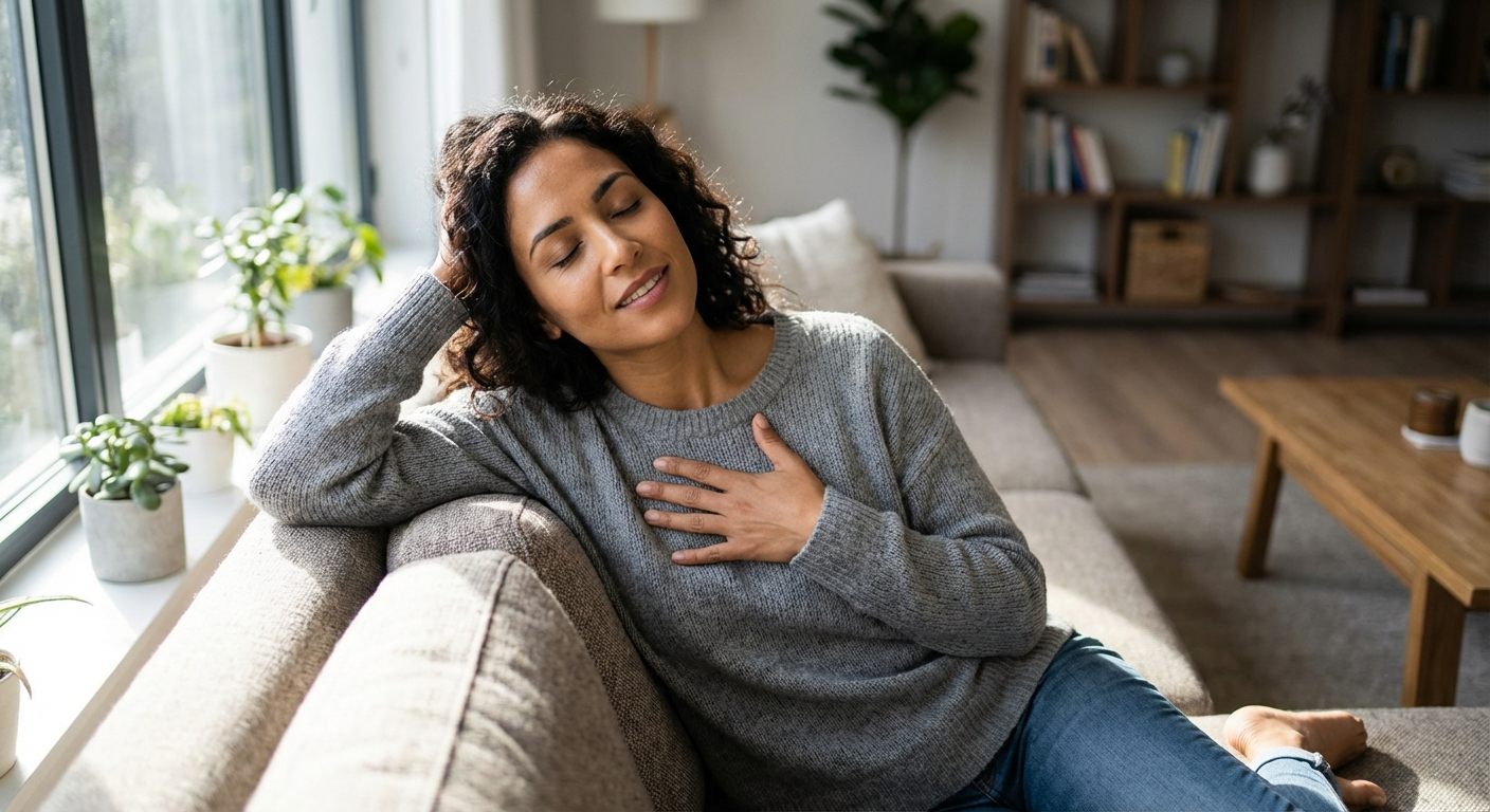 אישה ישראלית צעירה יושבת על ספה ומניחה יד על החזה, מנסה להירגע