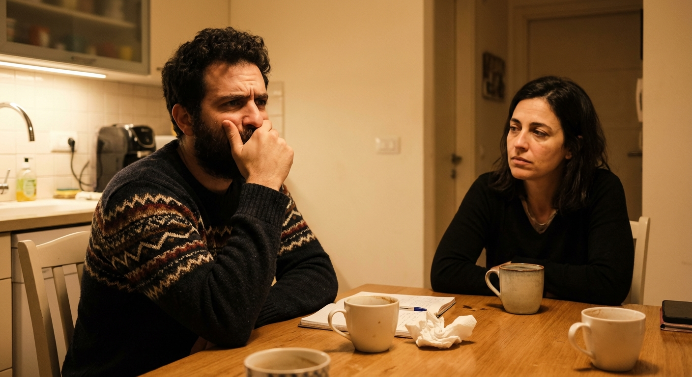 גבר ישראלי יושב מול אישה, מנסה לדבר אבל נראה תקוע