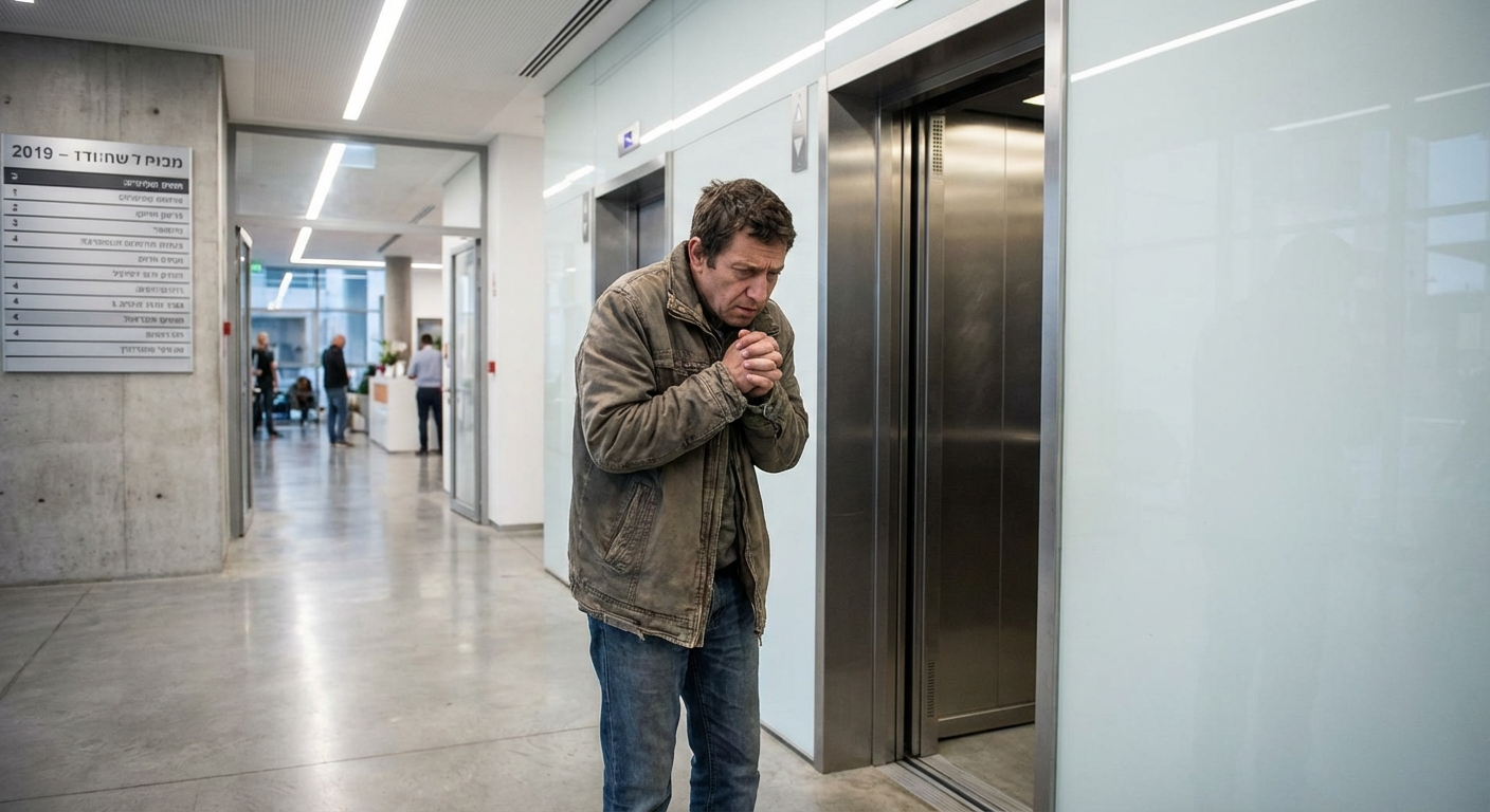 אדם עומד מול מעלית פתוחה, ידיים צמודות לגוף, מביט בחשש