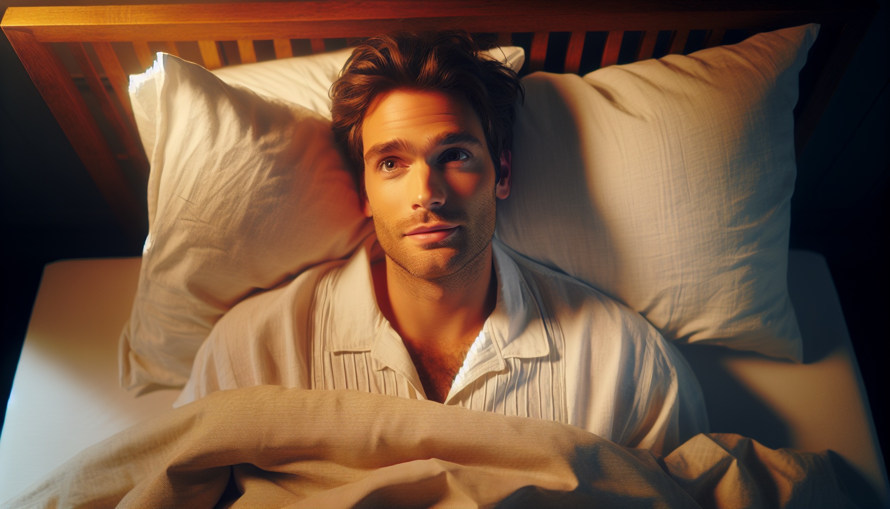 גבר ישראלי צעיר במיטה, מבט מופתע קלות, תאורת לילה רכה, שמיכה מוסטת