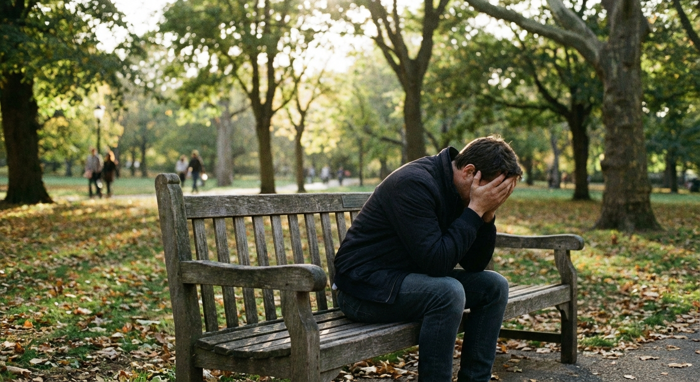 אדם יושב לבד על ספסל בגינה, ראש מורכן, אור ערב רך