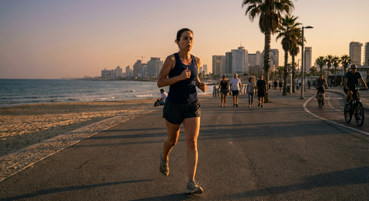 אישה ישראלית רצה בטיילת ליד הים בשקיעה, נראית רגועה ומרוכזת