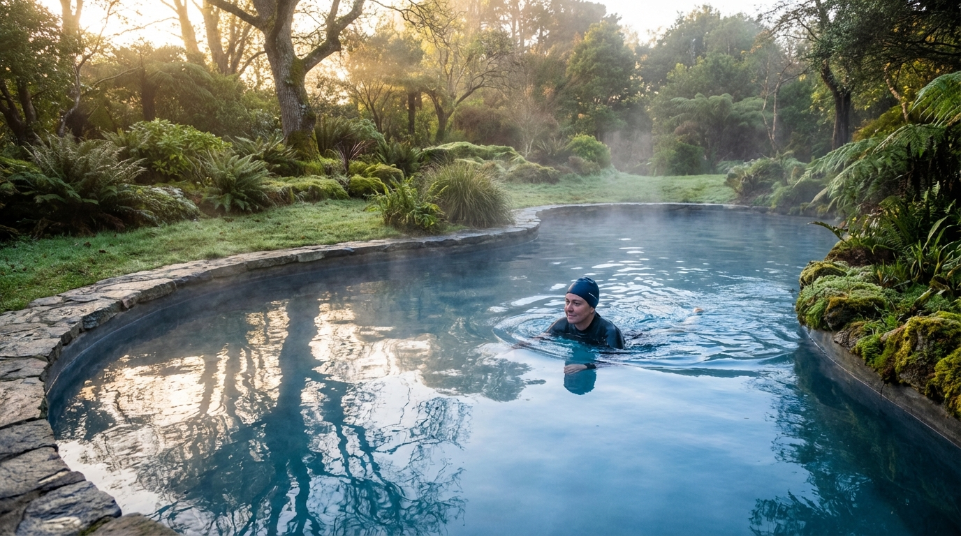 אדם שוחה בבריכה חיצונית מוקפת ירוק, תאורת בוקר רכה, מים כחולים שקטים