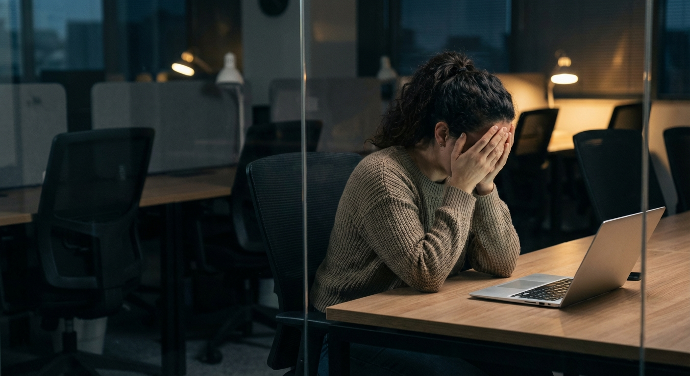 אישה ישראלית בשנות ה-30 יושבת במשרד ריק בשעת ערב, ראש מונח על ידיים, מחשב נייד פתוח לפניה, תאורה עמומה