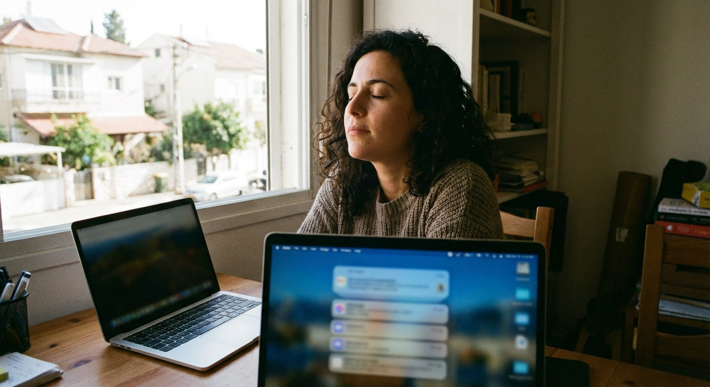 אישה ישראלית יושבת מול לפטופ עם הרבה התראות על המסך, עוצמת עיניים ולוקחת נשימה