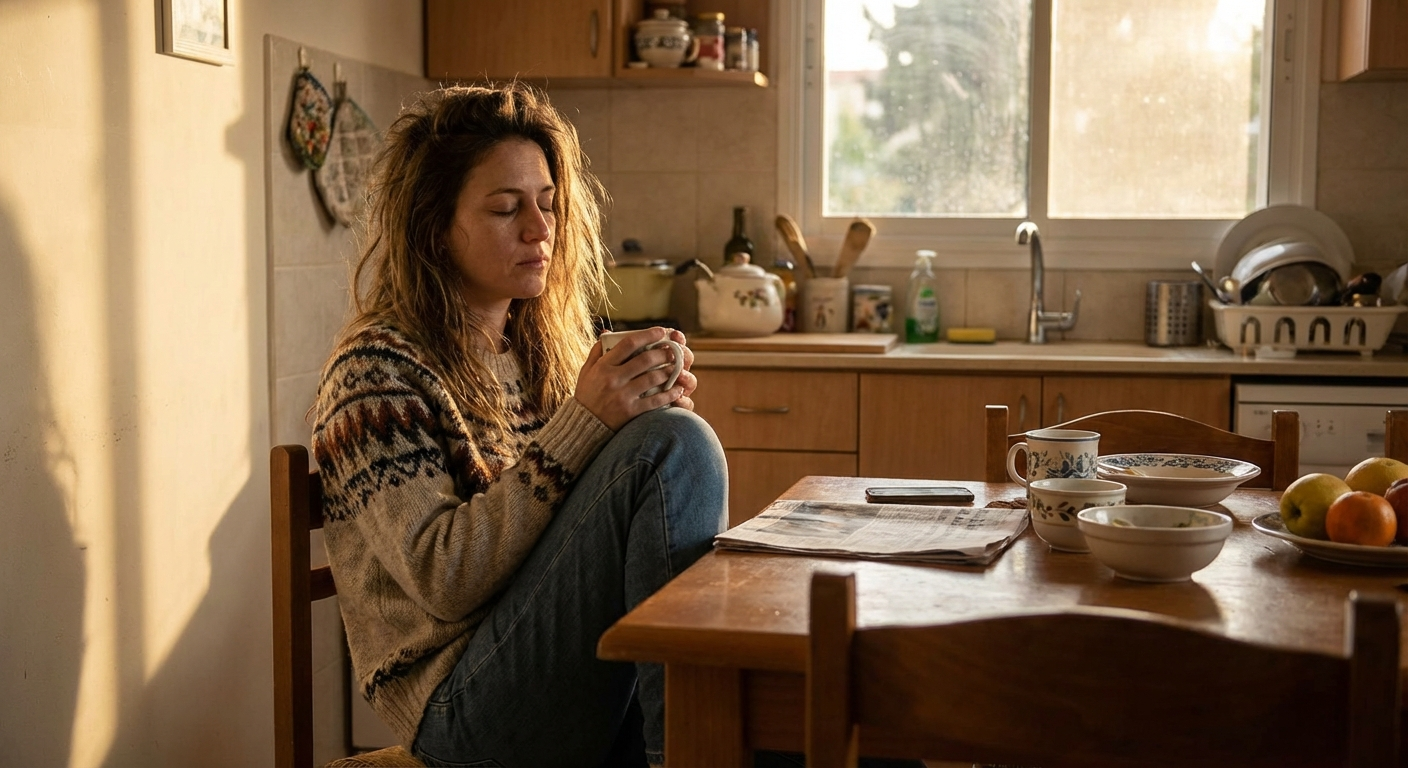 אמא ישראלית יושבת במטבח אחרי יום ארוך, עיניים עצומות, רגע שקט לפני שהיא קמה