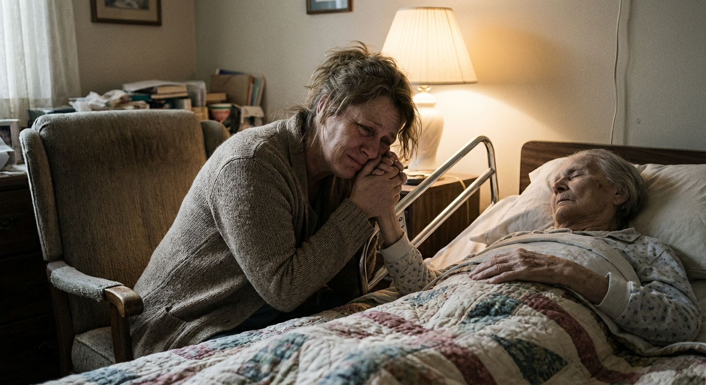 אישה ישראלית בגיל העמידה יושבת עייפה ליד מיטת הורה מבוגר, תאורת חדר חמימה