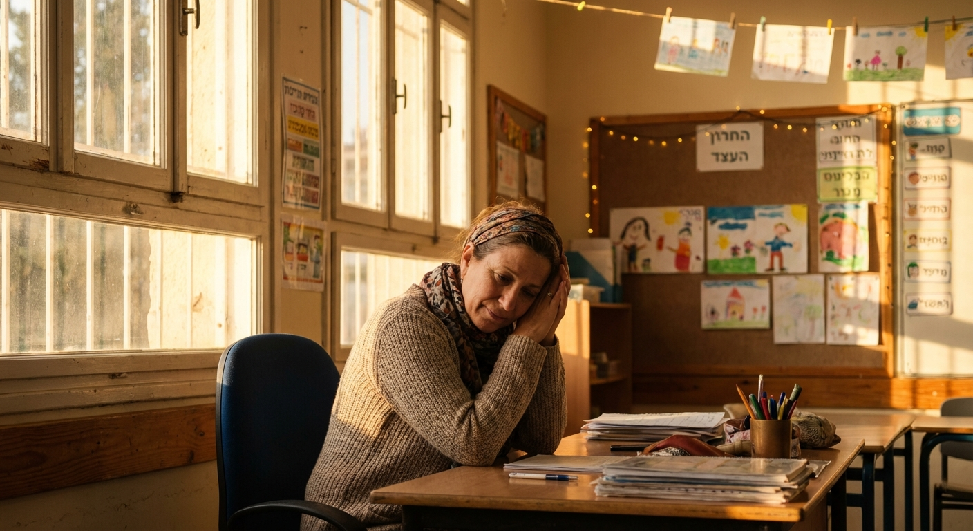 מורה ישראלית יושבת בכיתה ריקה אחרי היום עם ראש נשען על ידיה
