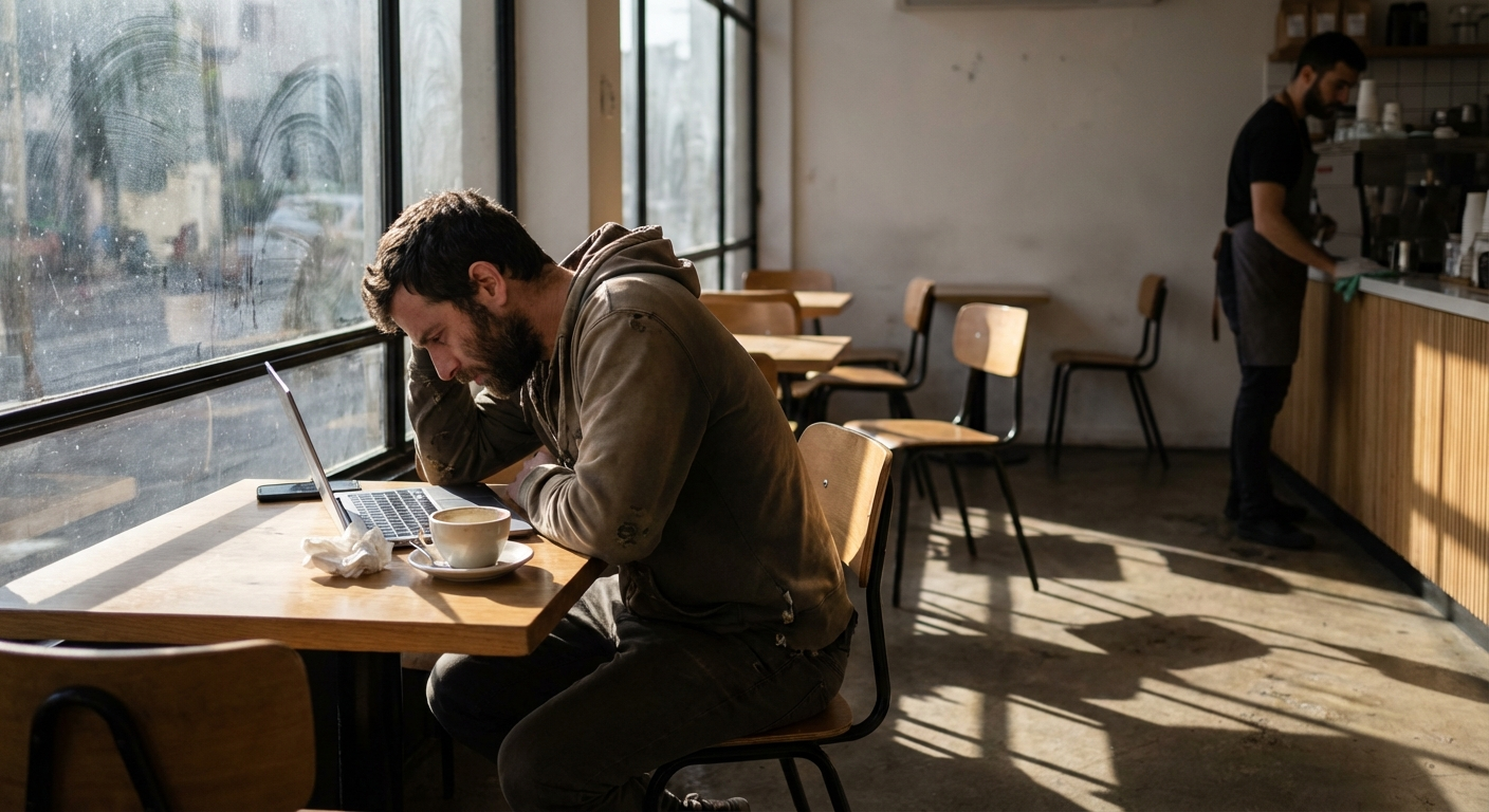 פרילנסר ישראלי יושב מול לפטופ בבית קפה ריק עם הבעת עייפות, אור אחר הצהריים