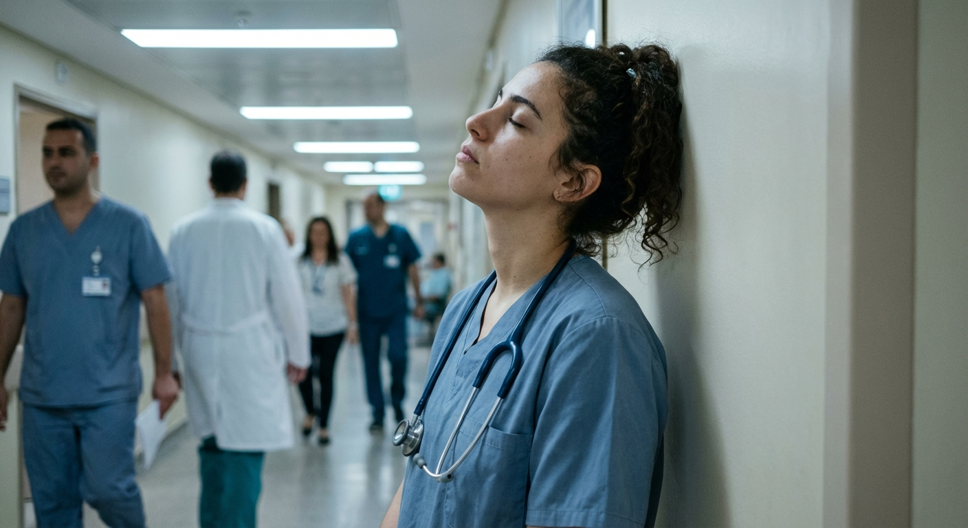 אחות ישראלית צעירה יושבת בפרוזדור בית חולים, נשענת על הקיר עם עיניים עצומות, תאורה פלורסנטית