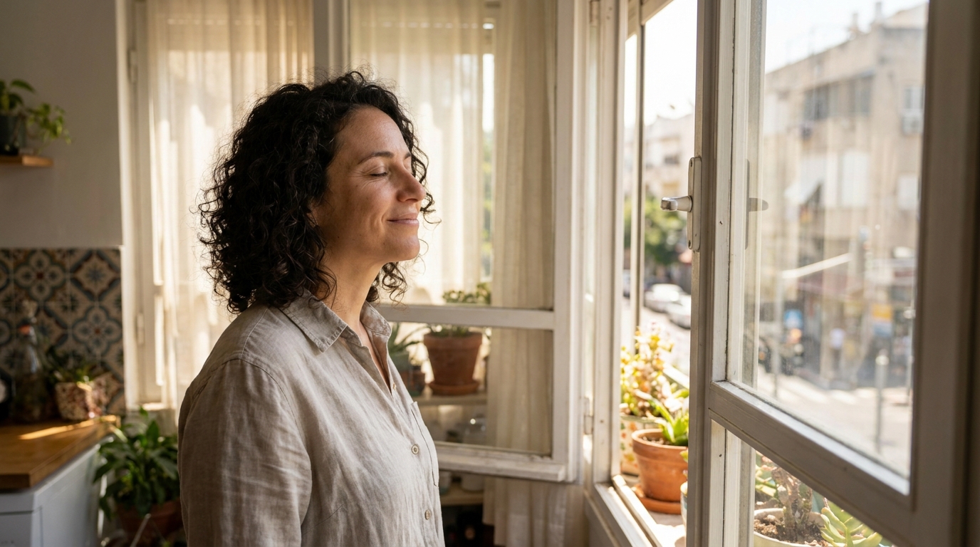אישה בשנות השלושים לחייה עומדת ליד חלון פתוח ונושמת עמוק, אור בוקר רך