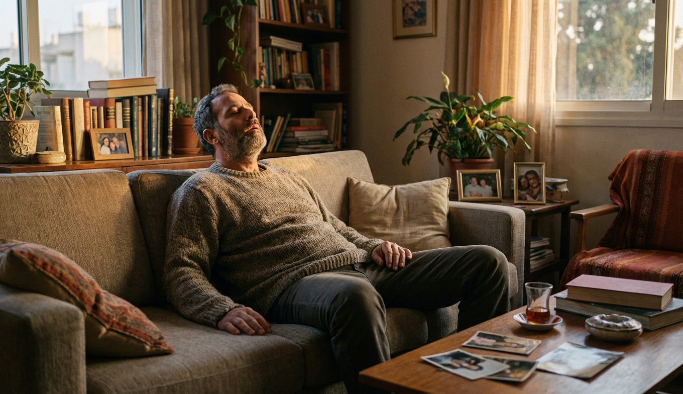 אדם יושב על ספה בבית, עוצם עיניים ומשחרר כתפיים בנשיפה, תאורה חמה ורכה