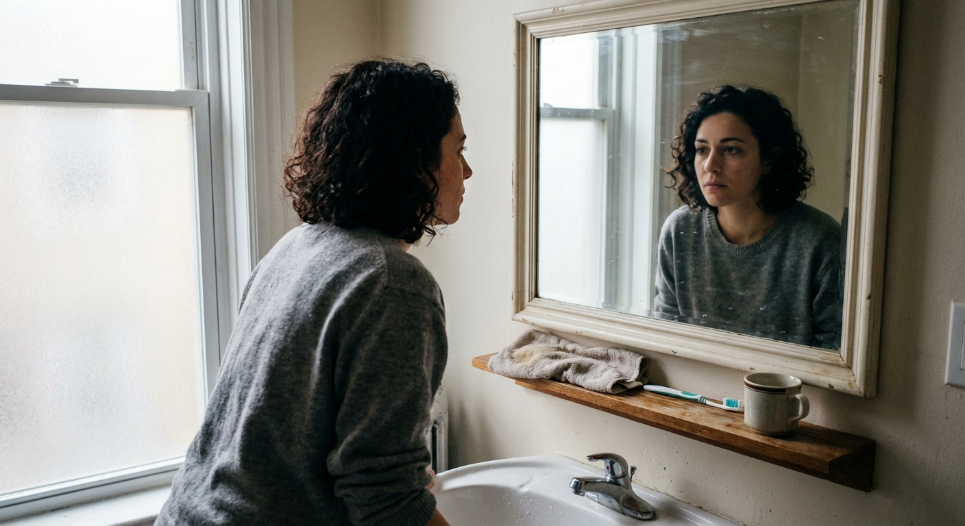 אישה ישראלית צעירה עומדת מול מראה, מבט מהורהר, תאורה טבעית רכה