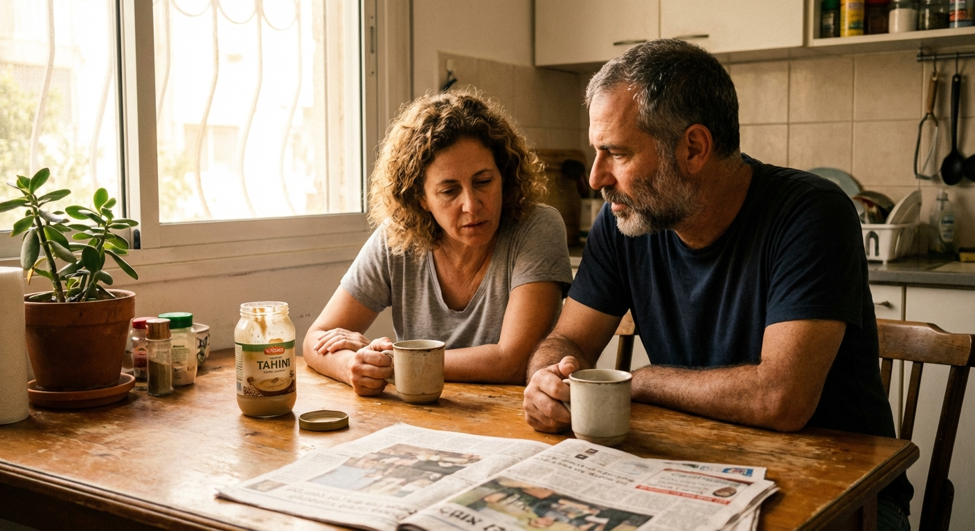 זוג ישראלי יושב במטבח, כוסות קפה על השולחן, אווירה רצינית אבל פתוחה