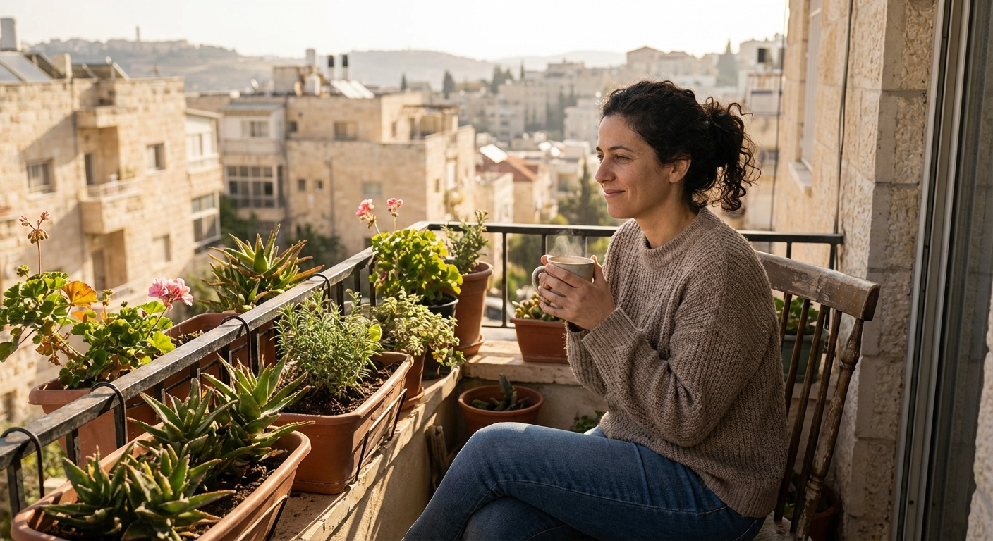 אישה ישראלית בשנות ה-30 יושבת במרפסת, מסתכלת על הנוף בשקט עם הבעה רגועה