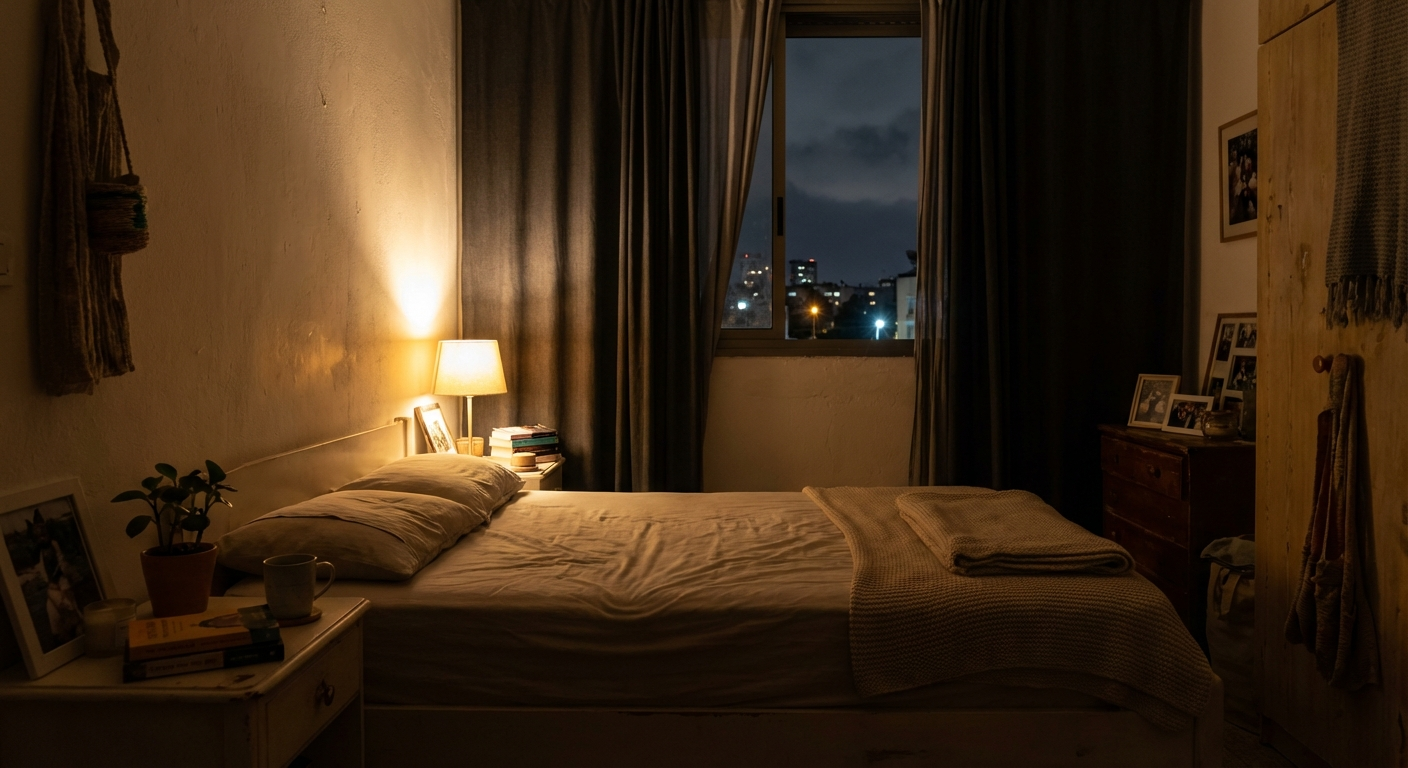 חדר שינה חשוך למחצה בדירה ישראלית, אור רך של שידת לילה, מיטה מסודרת עם שמיכה מקופלת, אווירה שקטה