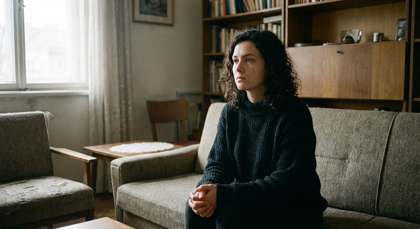 אישה ישראלית צעירה יושבת על ספה בסלון, מבט קבוע קדימה, גוף דומם, אור טבעי עמום