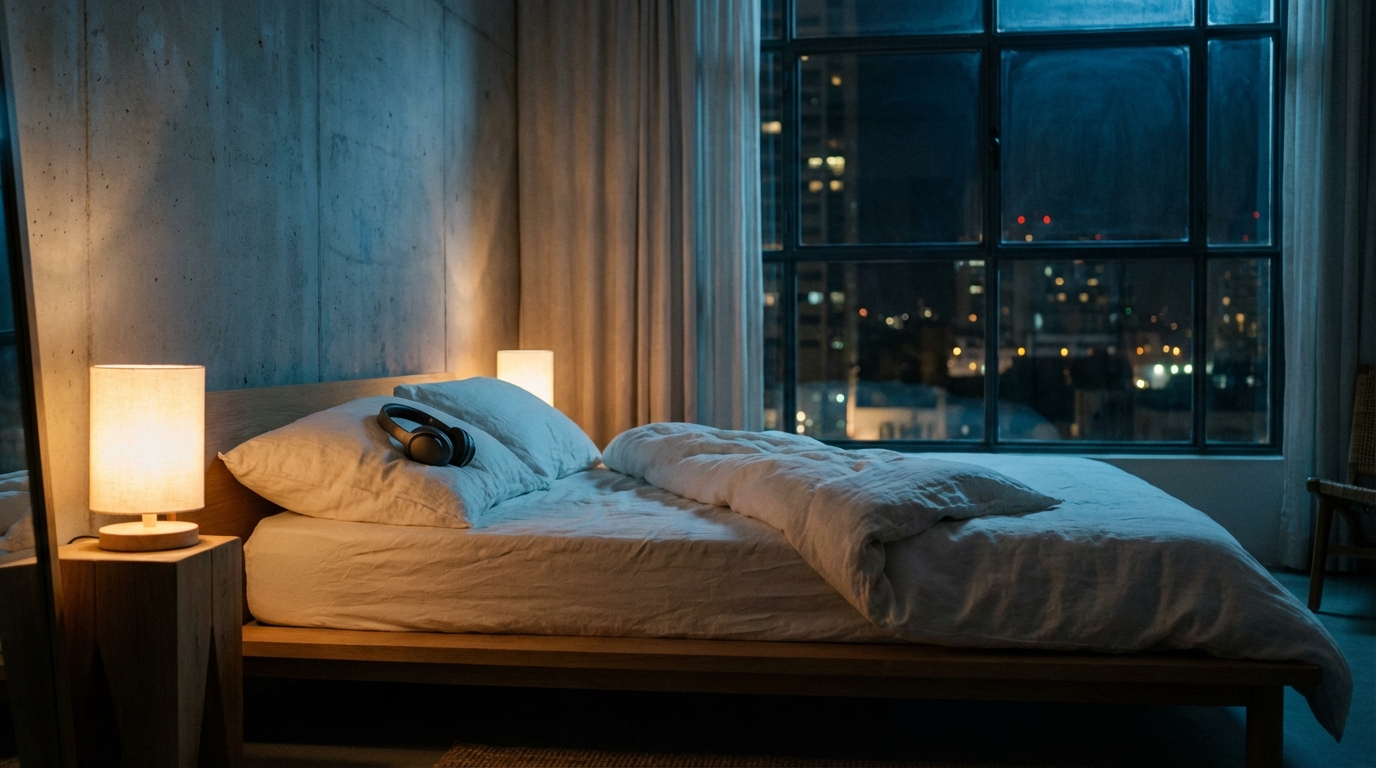 חדר שינה שקט עם אור רך בגווני כחול וענן, אוזניות מונחות על כרית