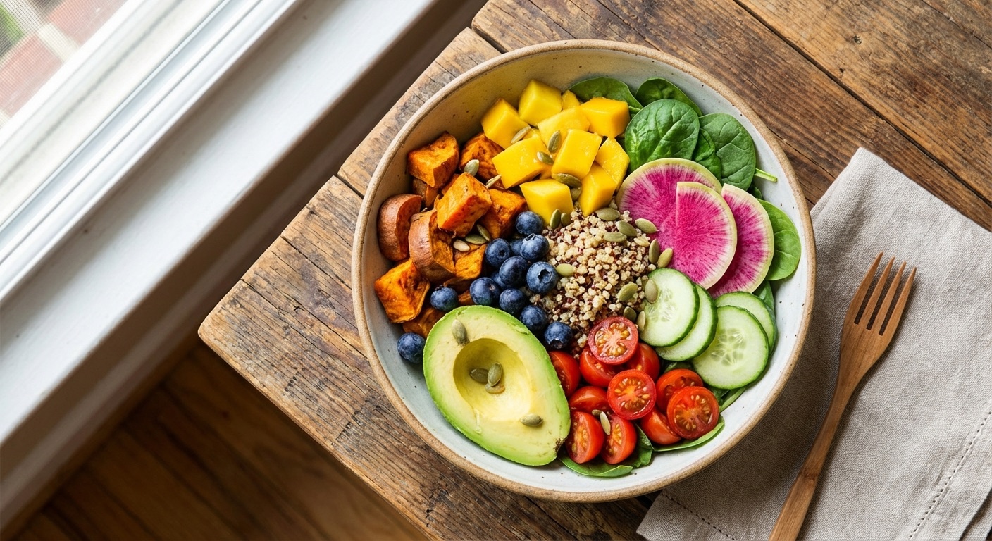 קערת אוכל בריא צבעונית על שולחן עץ עם תאורה טבעית