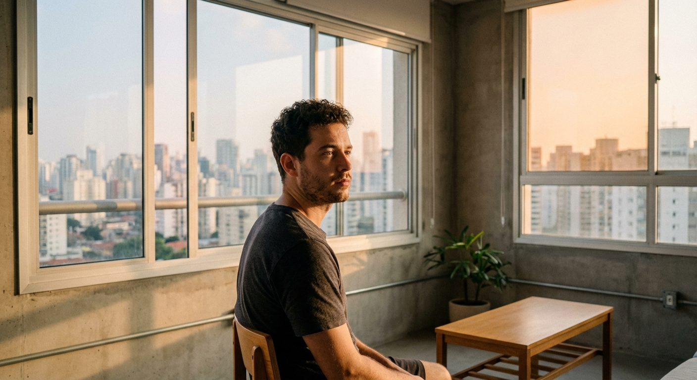 גבר ישראלי צעיר יושב בחדר ומביט דרך חלון גדול לנוף עירוני, הבעה ריקה ומהורהרת