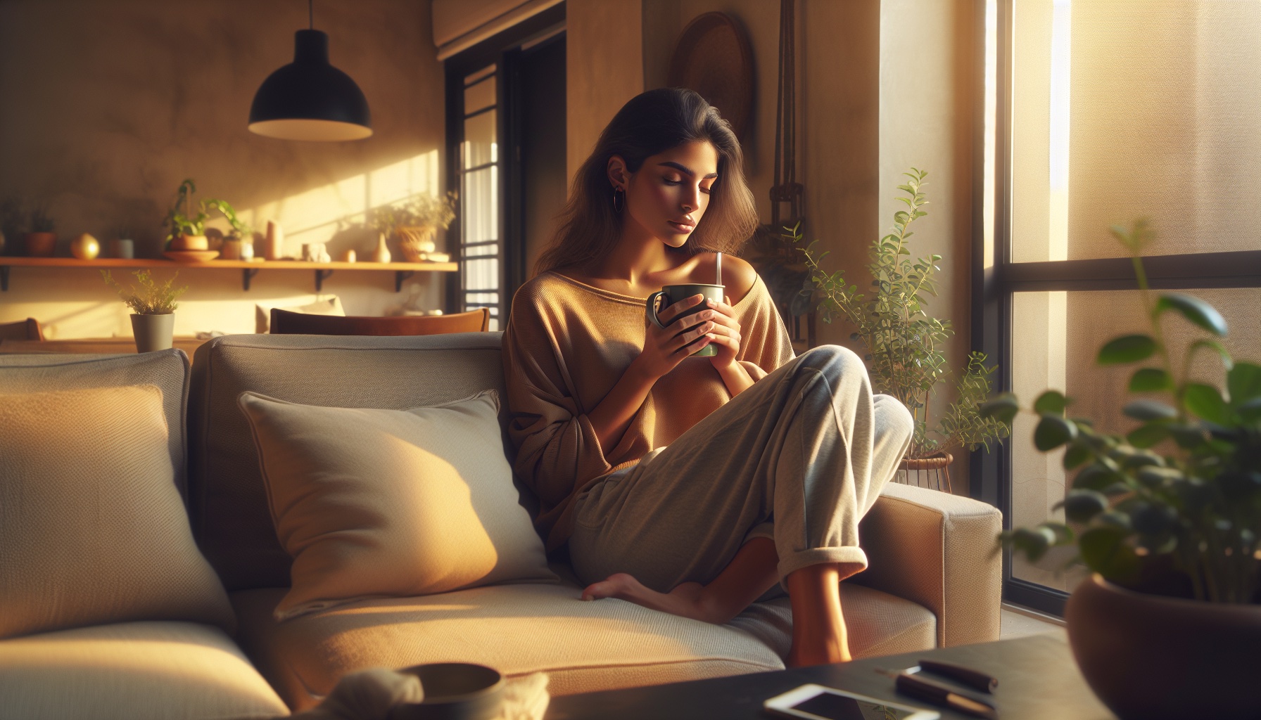 אישה ישראלית צעירה יושבת בשקט על ספה עם ספל חם, אור טבעי רך מחלון