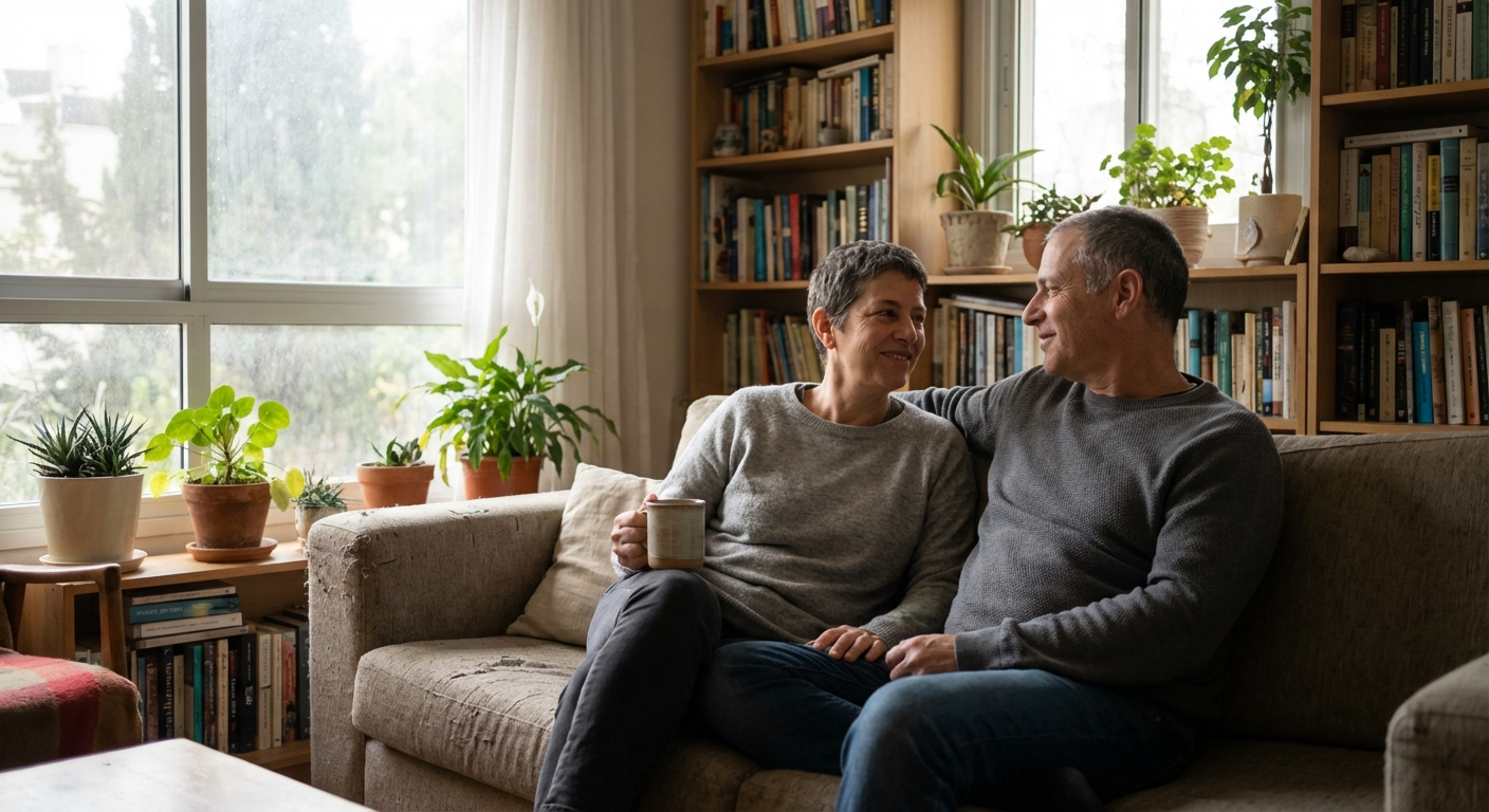 זוג ישראלי יושב על ספה ומדבר בשקט, אווירה אינטימית וחמה, סלון ביתי