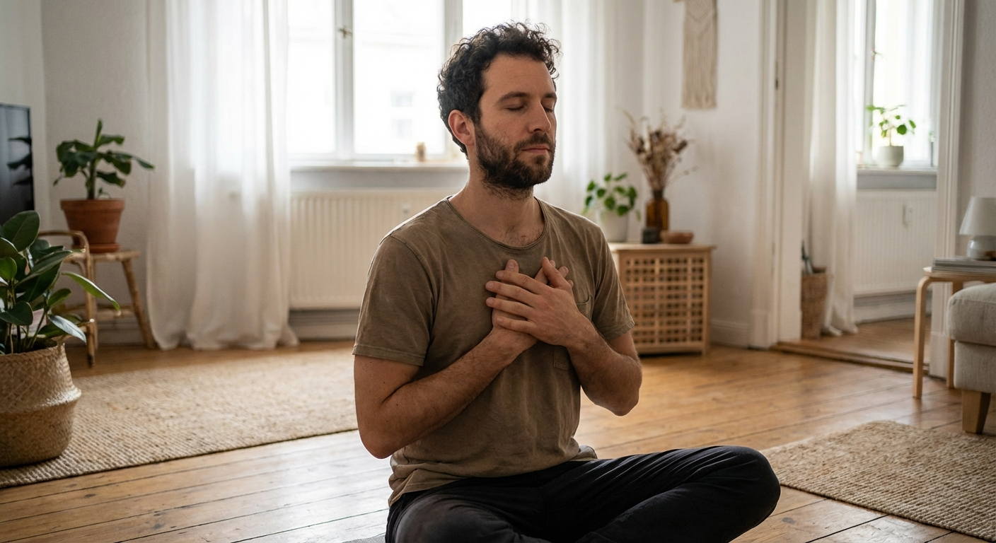 גבר ישראלי צעיר יושב על רצפת עץ בבית, ידיים על החזה, עיניים עצומות, אור בוקר רך
