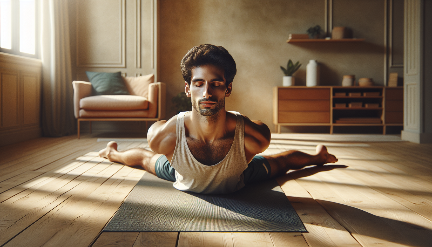 גבר ישראלי צעיר שוכב על מזרן יוגה על רצפת עץ, רגליים כפופות, תנוחת שחרור