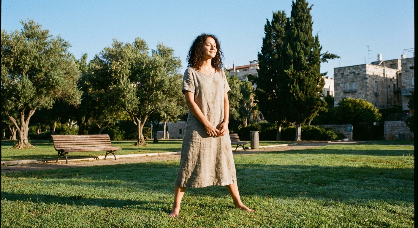 אישה ישראלית צעירה עומדת יחפה על דשא בפארק, עיניים עצומות, שמש בוקר מאירה את פניה