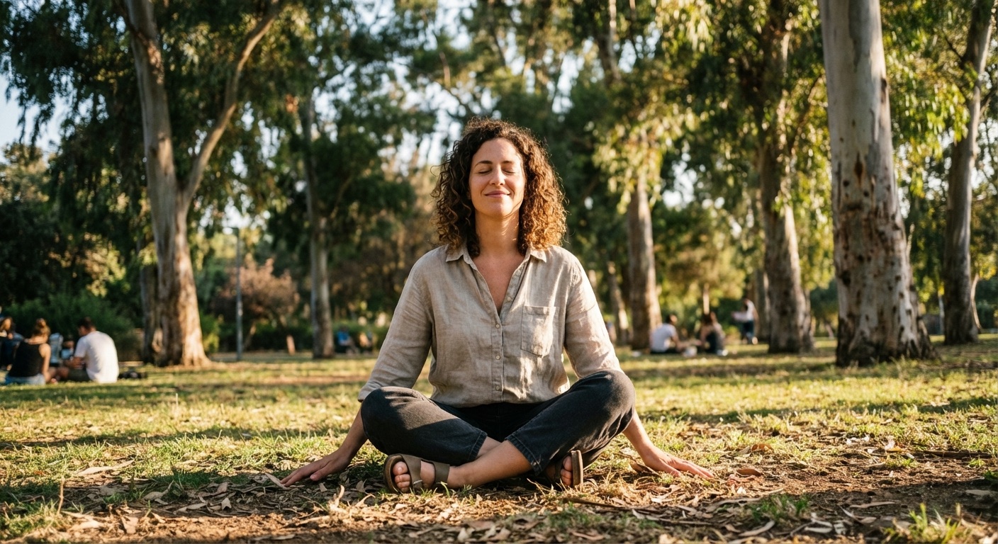 אדם ישראלי יושב על דשא בפארק, כפות ידיים על האדמה, עיניים עצומות, אור שמש רך