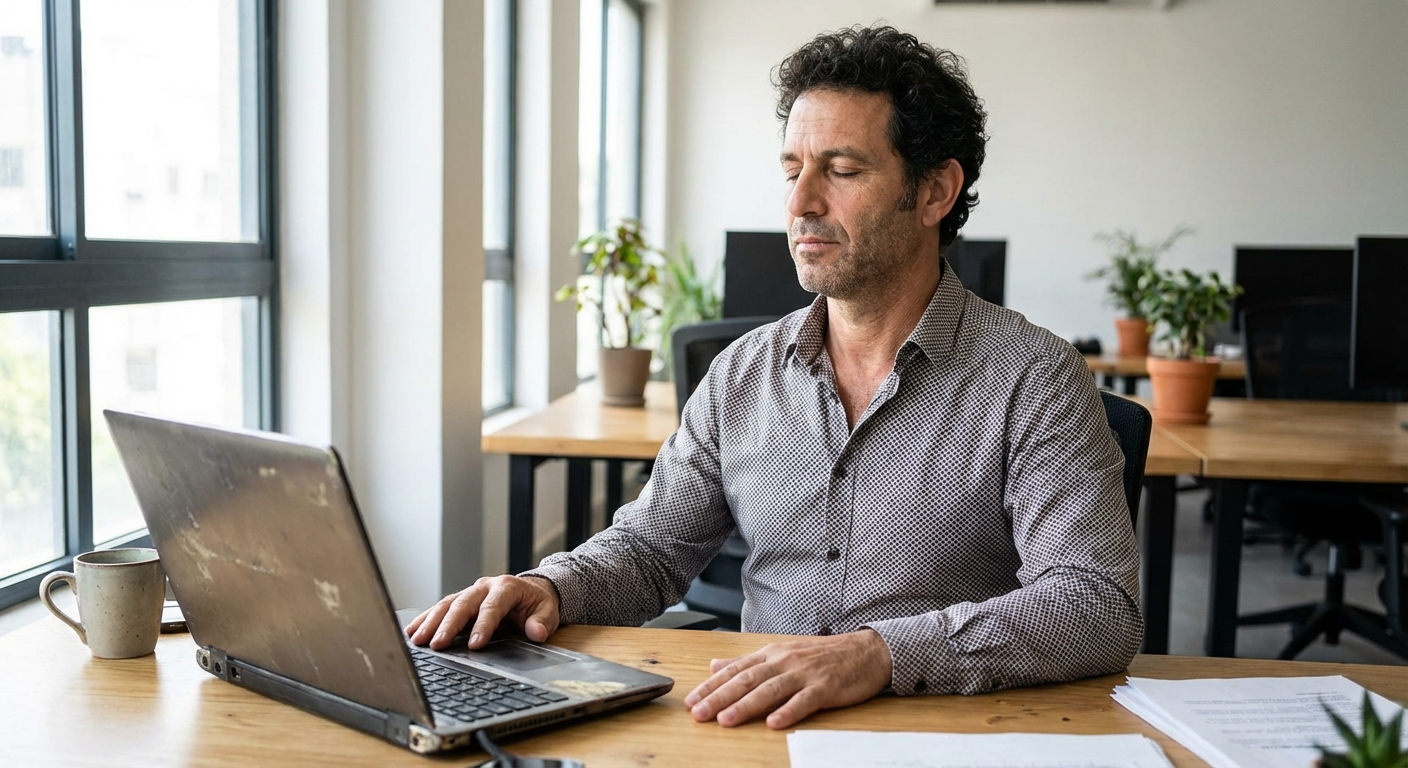 גבר ישראלי יושב ליד שולחן עבודה, עוצם עיניים לדקה ומניח ידיים על השולחן