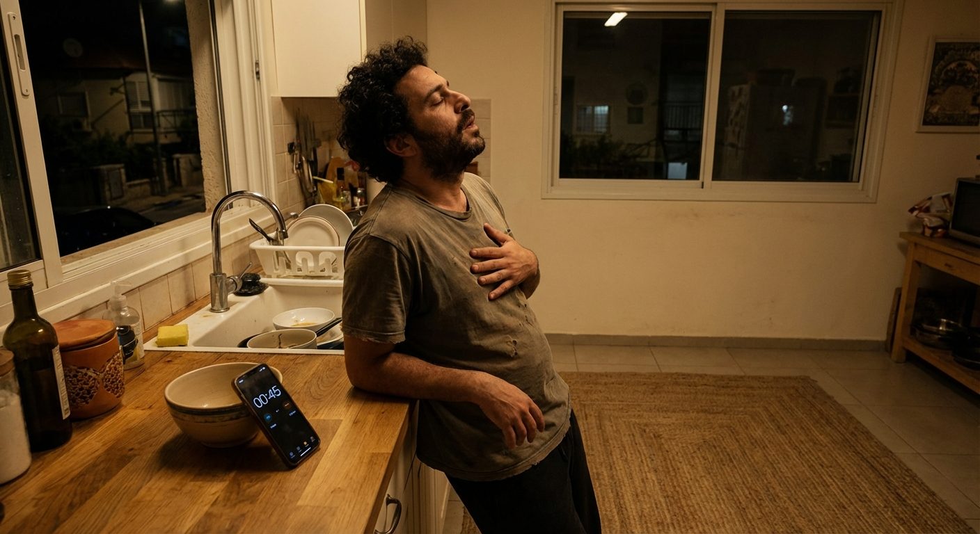 גבר ישראלי עומד במטבח בלילה, מתרגל נשימת 4-6 עם טיימר על הטלפון