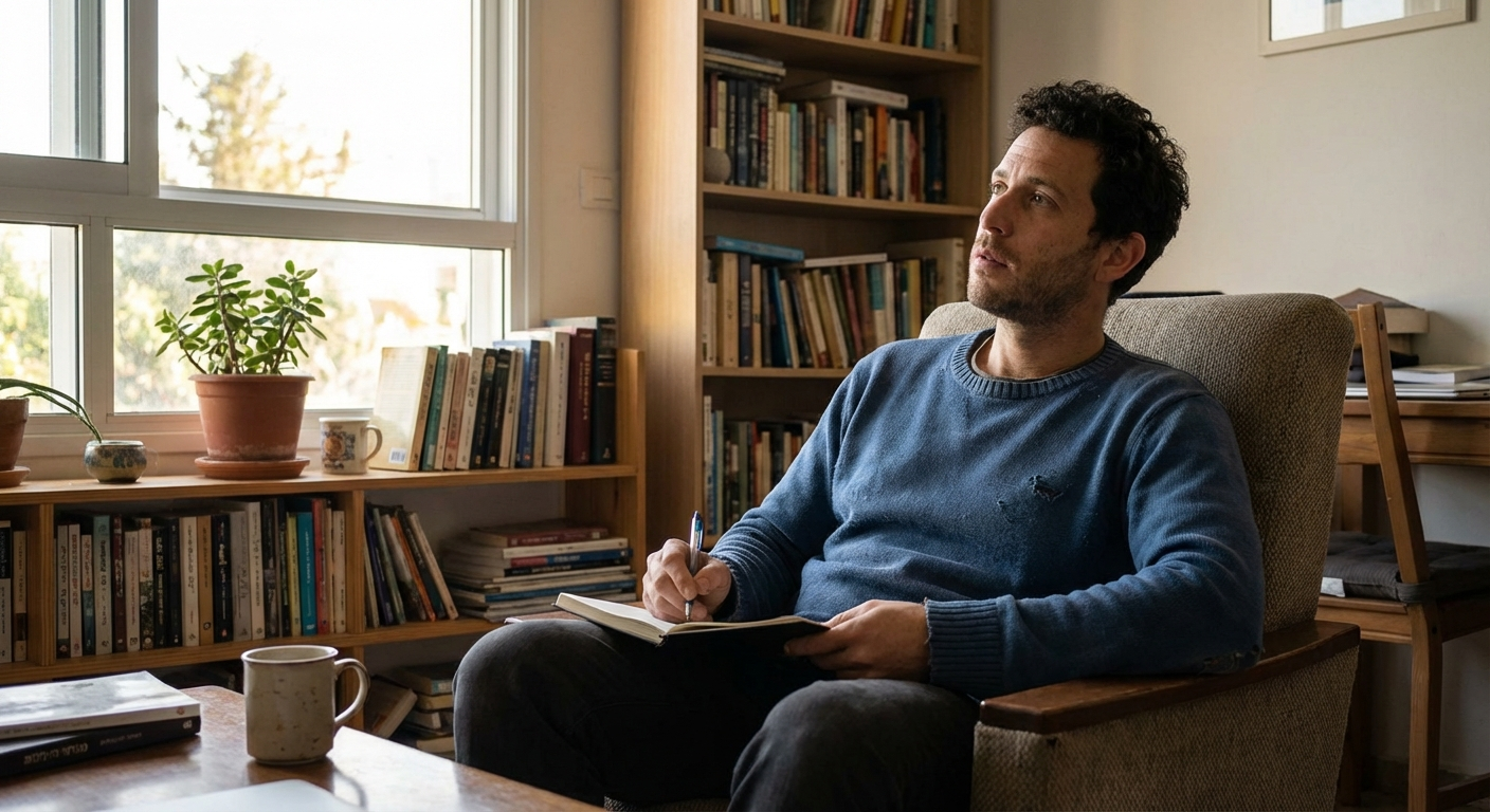 גבר ישראלי כותב במחברת בסלון שקט, עוצר לרגע נשימה ומסתכל הצידה במחשבה