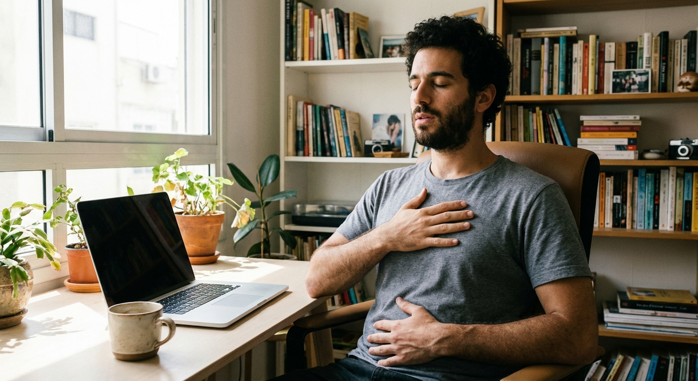 גבר ישראלי צעיר יושב ליד שולחן עבודה ועושה תרגיל נשימה סרעפתית עם ידיים על הבטן
