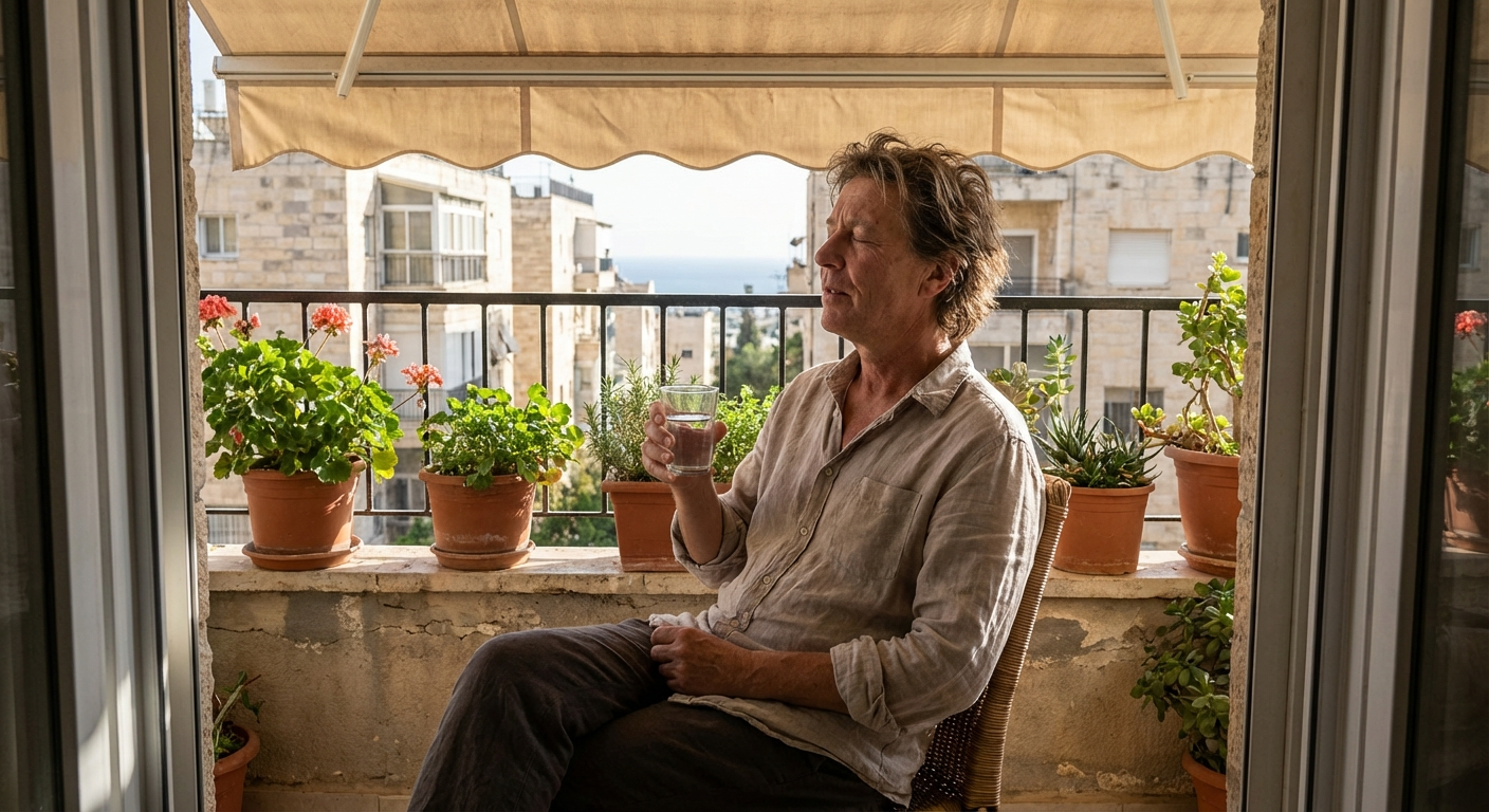 אדם יושב על מרפסת עם כוס מים, מתרגל נשימה עמוקה אחרי שנ״צ