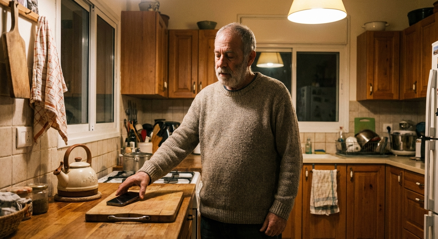 גבר ישראלי עומד במטבח, מניח את הטלפון על השיש ועושה תרגיל נשימה קצר לפני צפייה בחדשות