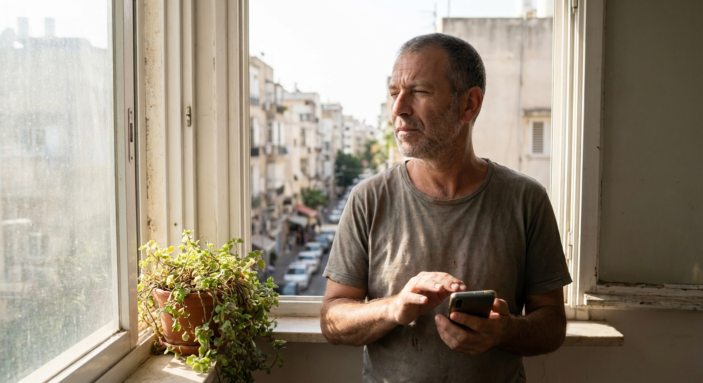 גבר ישראלי עומד ליד חלון בבוקר, הטלפון ביד אבל המבט בחוץ בזמן שהוא עושה עצירה קצרה לפני קריאת הודעות