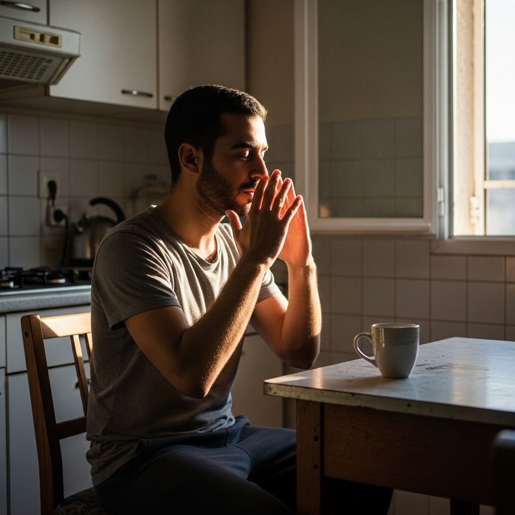 גבר ישראלי יושב על כיסא במטבח ביתי, ידיים על הברכיים, נושם לאט עם עיניים עצומות לפני יציאה לעבודה
