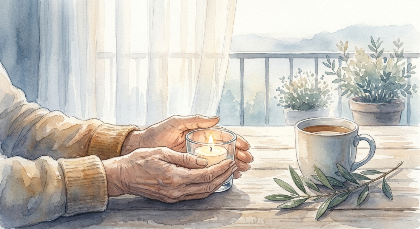 ידיים מחזיקות נר זיכרון על מרפסת שקטה בבוקר ישראלי