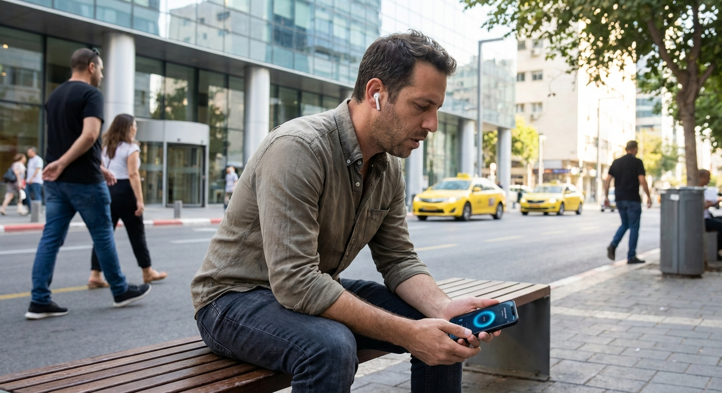 גבר ישראלי יושב על ספסל מחוץ למשרד ועושה תרגיל נשימה עם הטלפון לפני שיחה מלחיצה