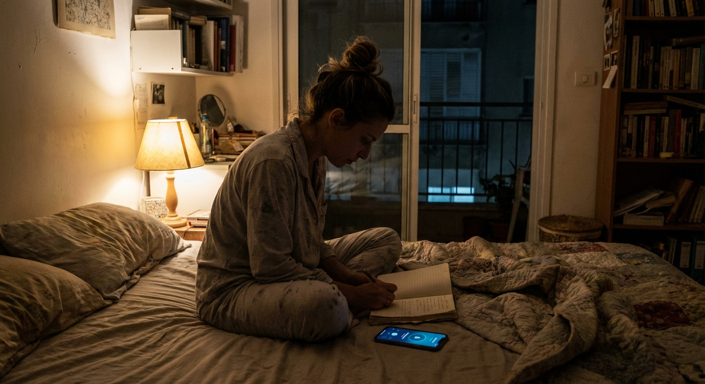 אישה ישראלית יושבת על המיטה לפני שינה וכותבת כמה שורות ביומן לפני שהיא מפעילה מדיטציה