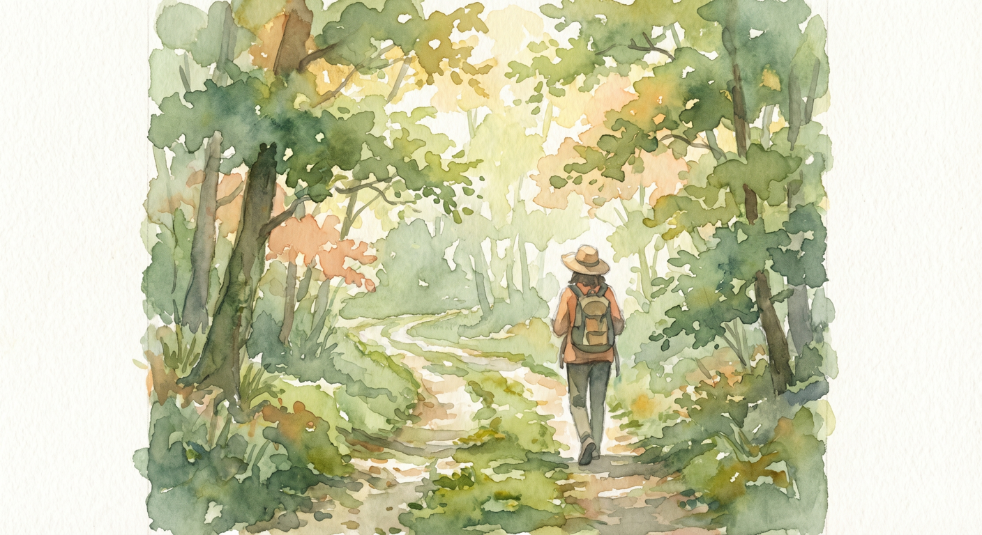 אדם הולך לבד בשביל טבע ירוק עם אור שמש רך, אווירה של התבוננות פנימית