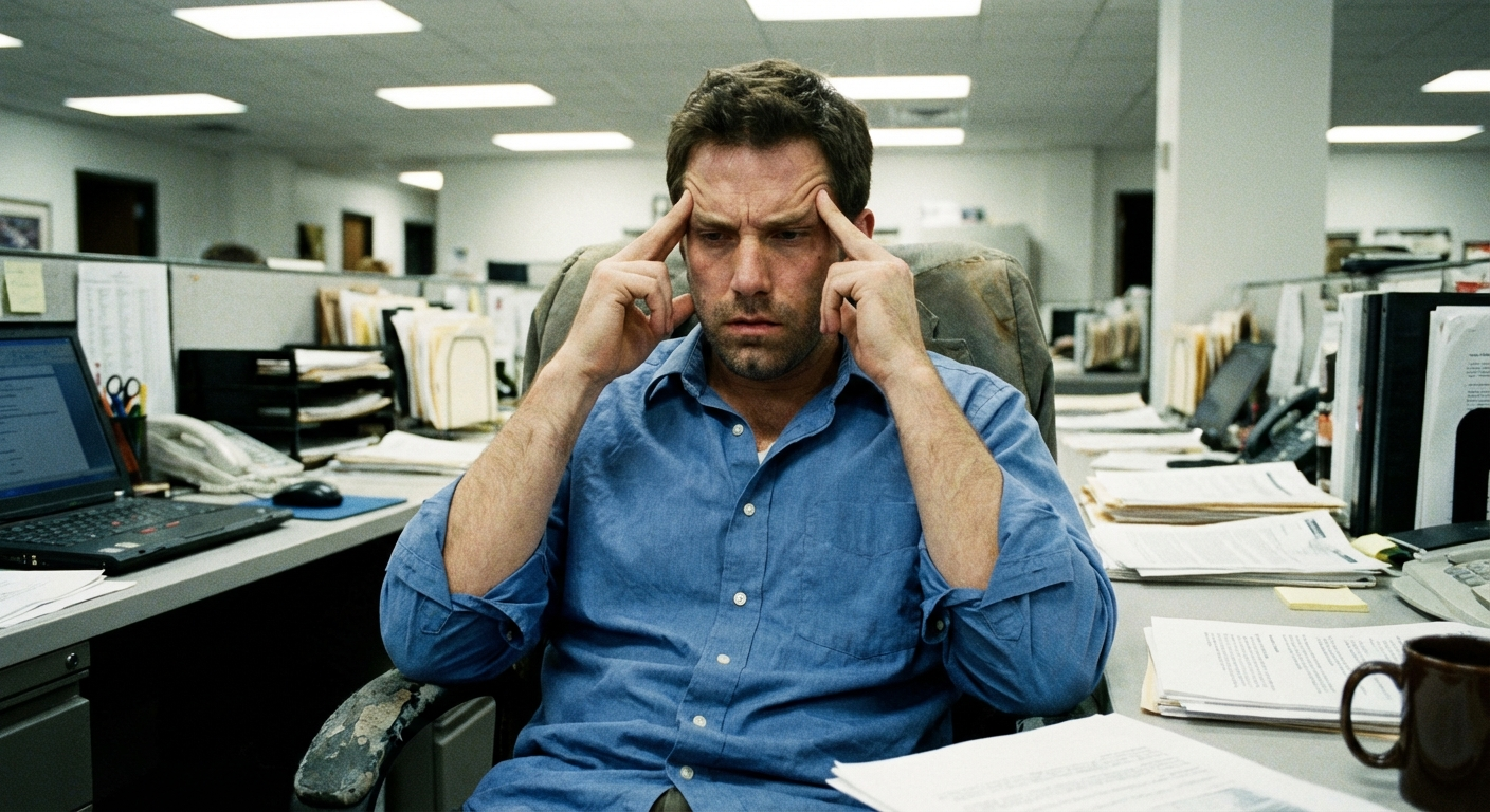 גבר ישראלי יושב על כיסא משרדי, לוחץ בידיו על רקות הראש, סימני מתח בכתפיים ובלסת