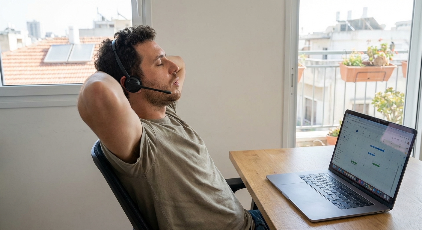 גבר ישראלי יושב מול מחשב עם אוזניות, עוצם עיניים ועושה נשימה ארוכה רגע לפני שהשיחה מתחילה
