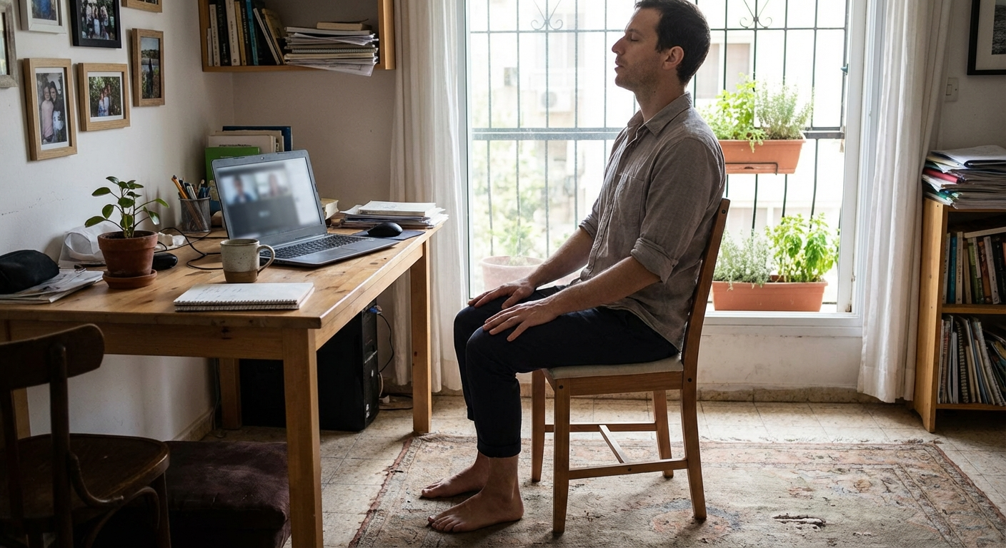 אישה מתכוננת לשיחת וידאו, נושמת עמוק מול מחשב נייד במשרד ביתי