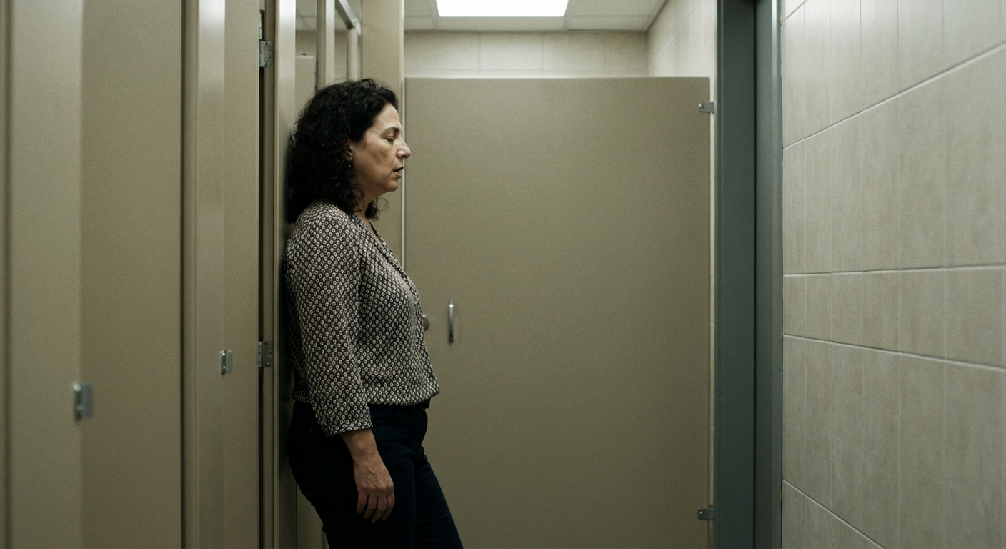 אישה ישראלית עומדת ליד הכיור בשירותי משרד, נשענת קלות על השיש ועושה נשיפה ארוכה כדי לחזור לאיזון