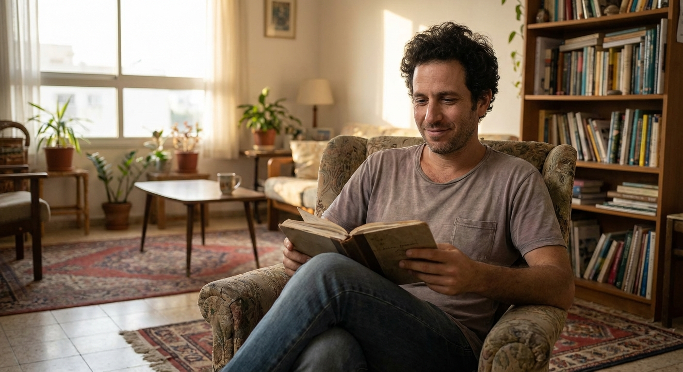 גבר ישראלי יושב על כורסה בסלון וקורא ממחברת קטנה בהבעה רגועה